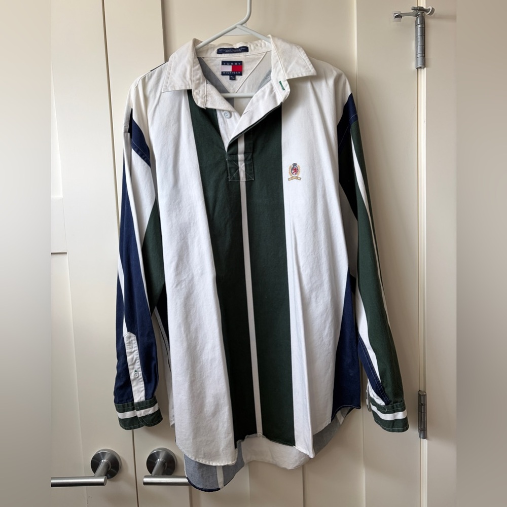 Vintage Tommy Hilfiger Men's White, Green & Navy Rugby Shirt